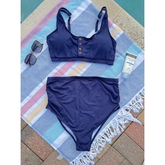 NWOT, Brand Unknown, Navy Ribbed High-wasted Bikini Set, Sz L - Picture 1 of 11